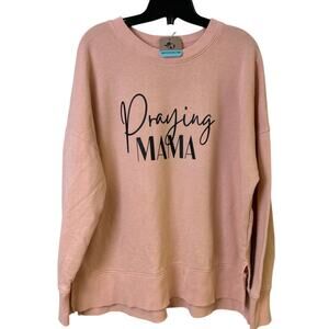 Upcycled Hand Printed Womens XL Pink Praying Mama Long Sleeve Crew Sweatshirt